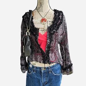 Y2K paisley print ruffle trim long sleeve button up top with sequin decals